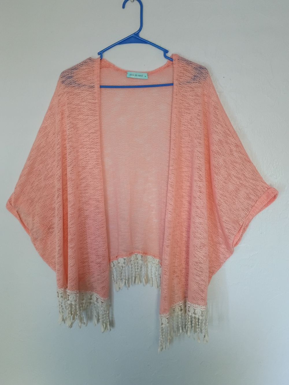 Chris & Carol Peach Open-Knit Fringe Poncho Cardigan